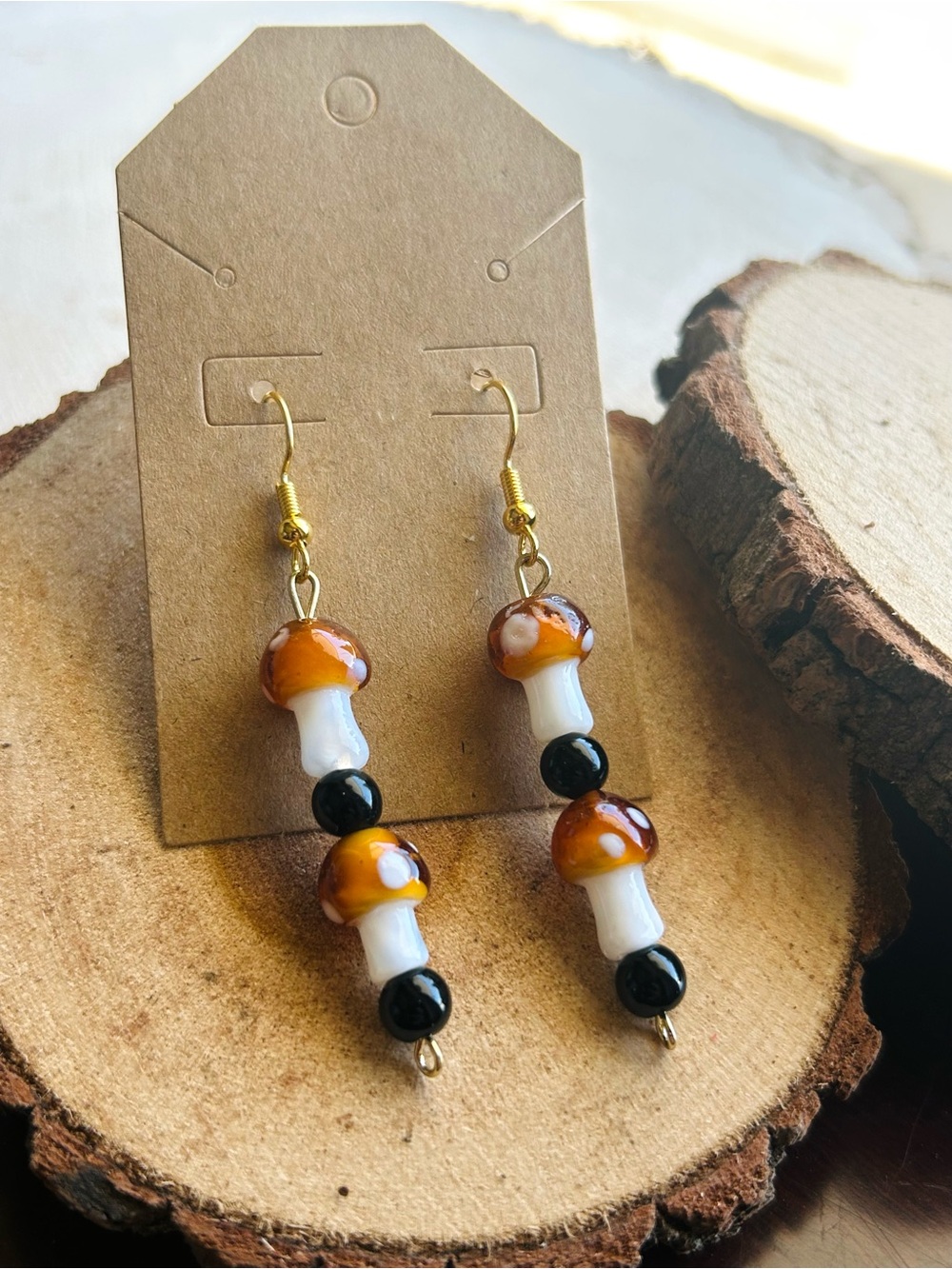 Handmade Mushroom Beaded Earrings Cottagecore Fairycore Dangle NWT